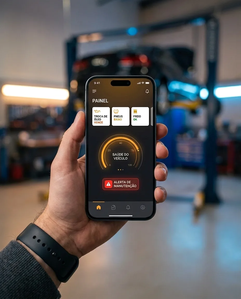 Mão segurando um celular com o painel do QuatroCar mostrando o histórico e alertas de manutenção do veículo