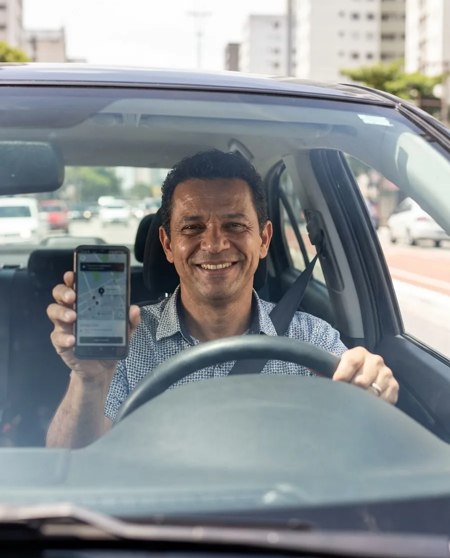 Motorista de aplicativo sorrindo dentro do carro, segurando o celular com o app aberto