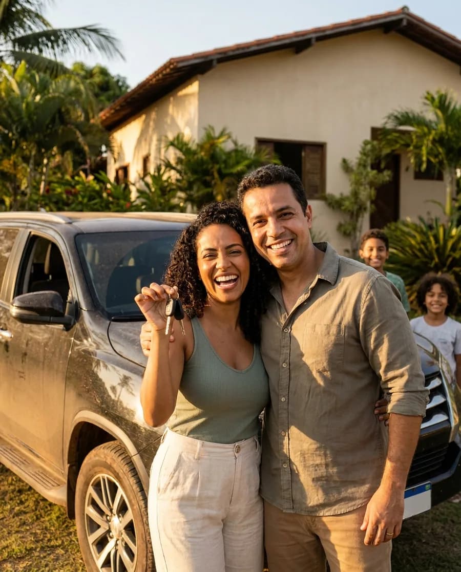 Casal sorrindo ao lado do carro da família em frente a casa